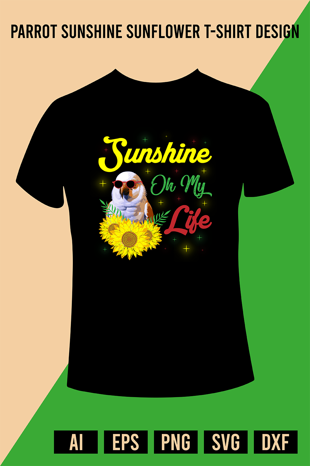 Parrot Sunshine Sunflower T-Shirt Design pinterest preview image.