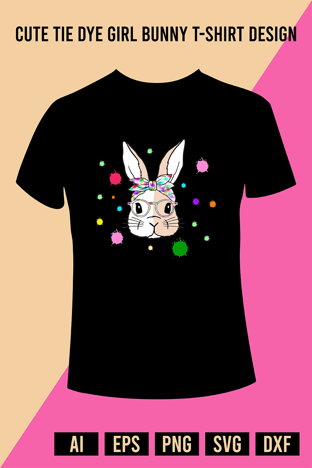 Cute Tie Dye Girl Bunny T-Shirt Design pinterest preview image.