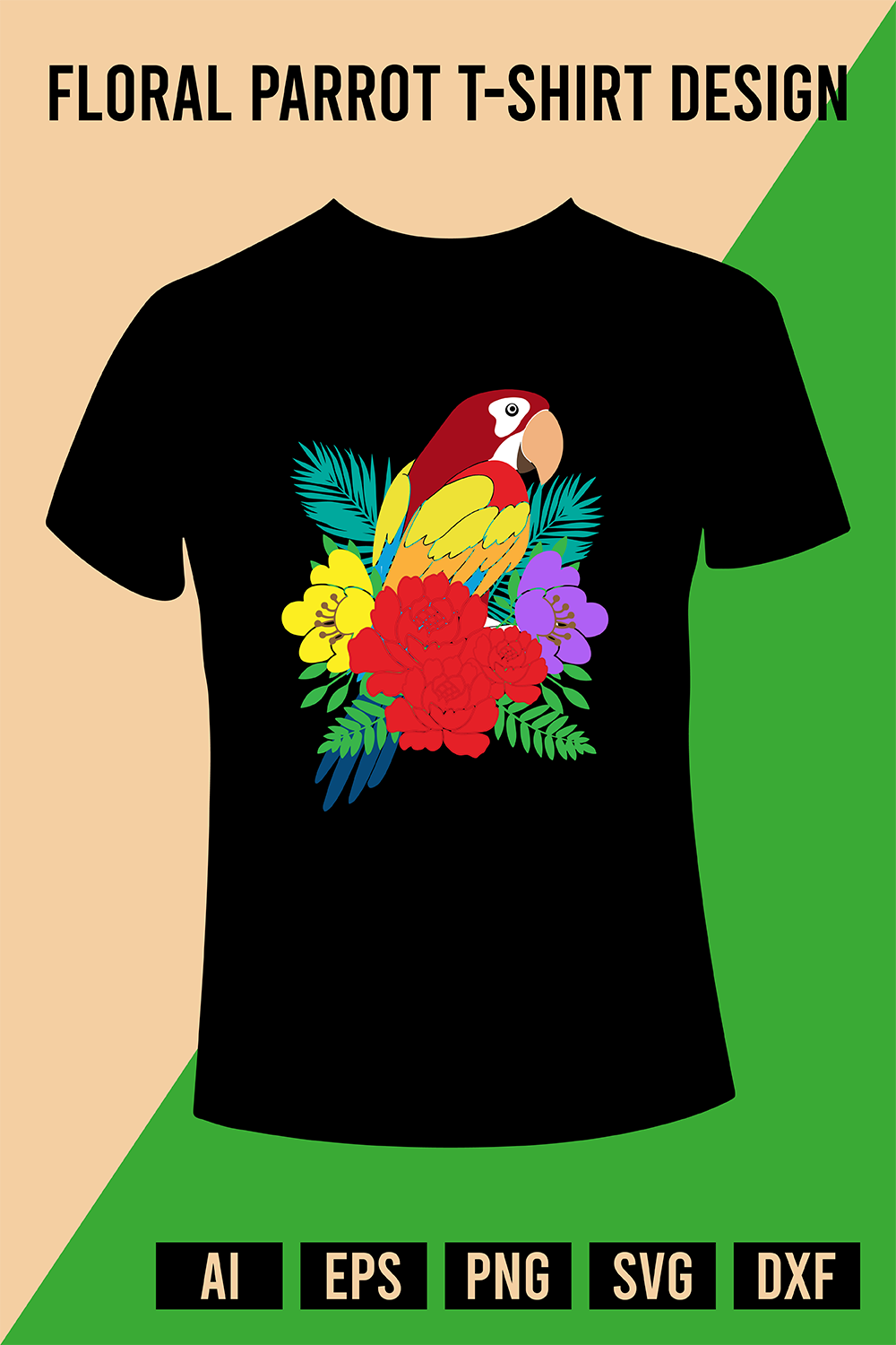 Floral Parrot T-Shirt Design pinterest preview image.