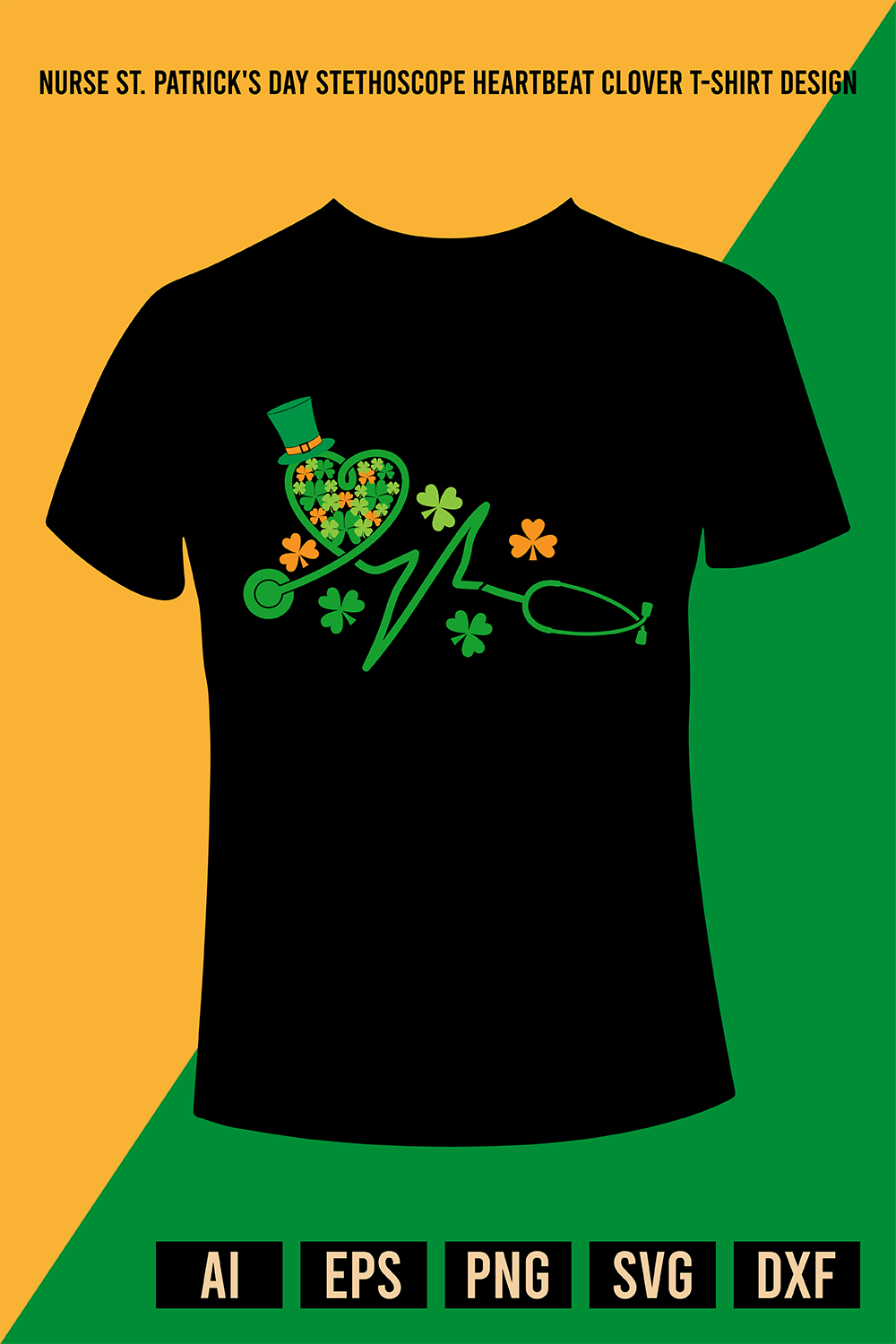 Nurse St Patrick's Day Stethoscope Heartbeat Clover T-Shirt Design pinterest preview image.