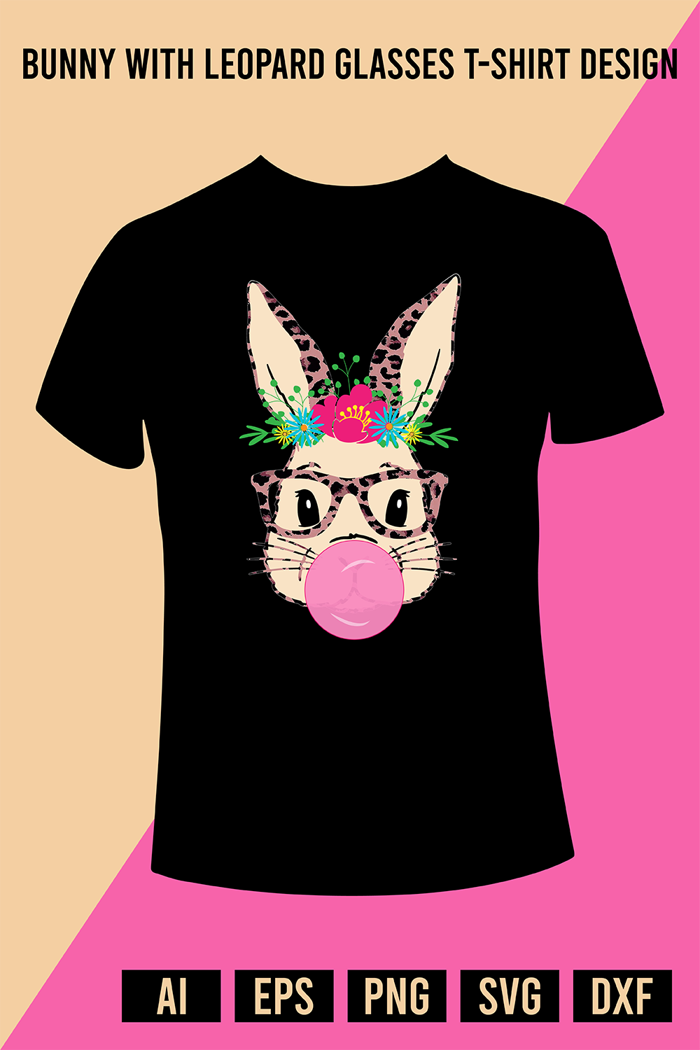 Bunny with Leopard Glasses T-shirt Design pinterest preview image.