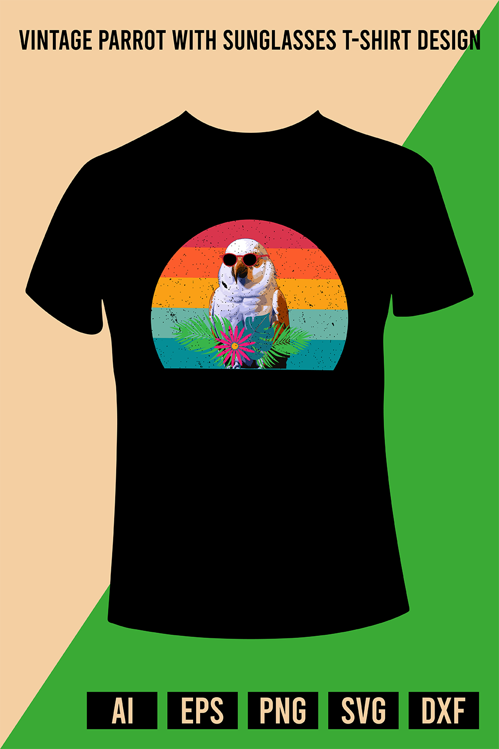 Vintage Parrot with Sunglasses T-Shirt Design pinterest preview image.