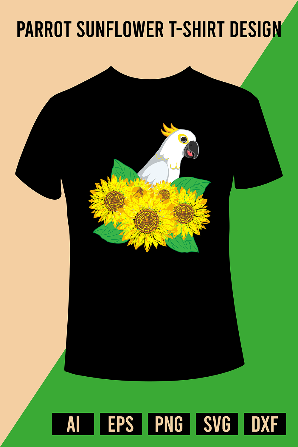 Parrot Sunflower T-Shirt Design pinterest preview image.
