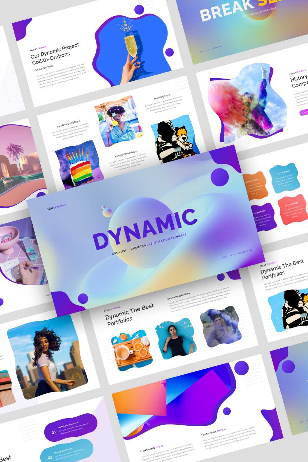 Collage of presentation pages Dynamic with white background and colorful photos.