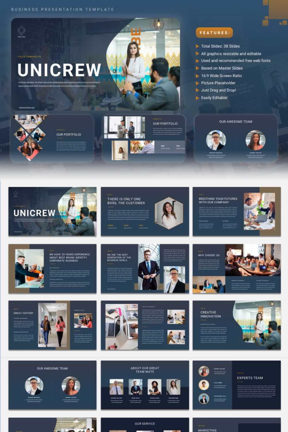 Unicrew - Business Multipurpose Google Slides Presentation Template pinterest preview image.