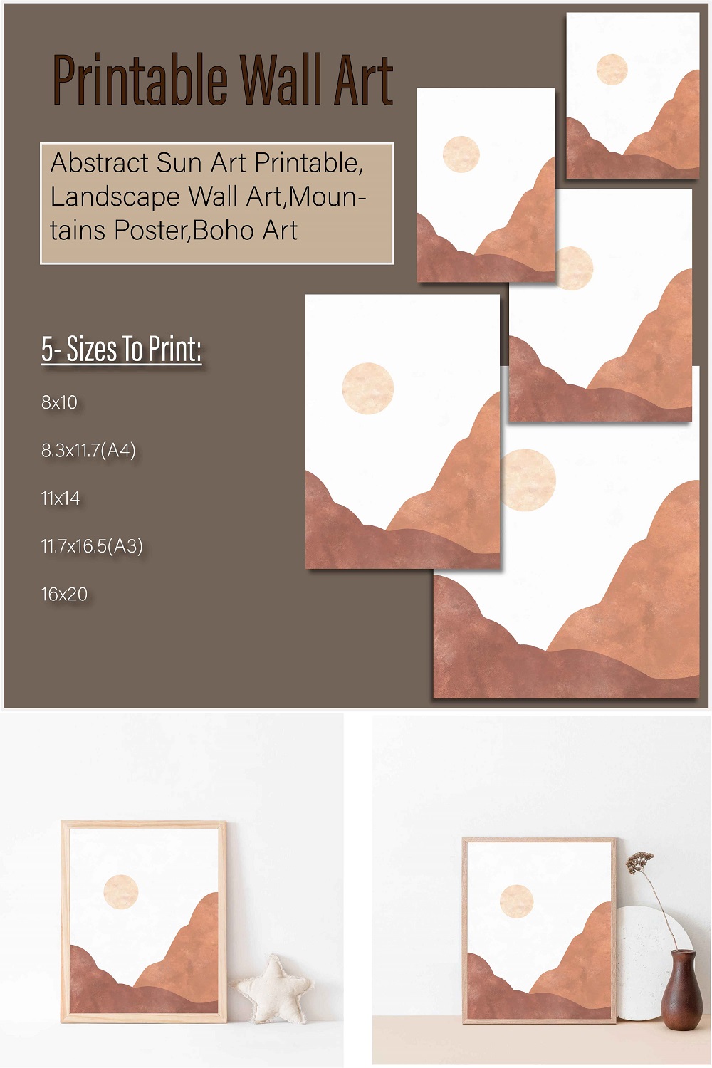 Boho Sun and Mountain Printable Wall Art pinterest preview image.