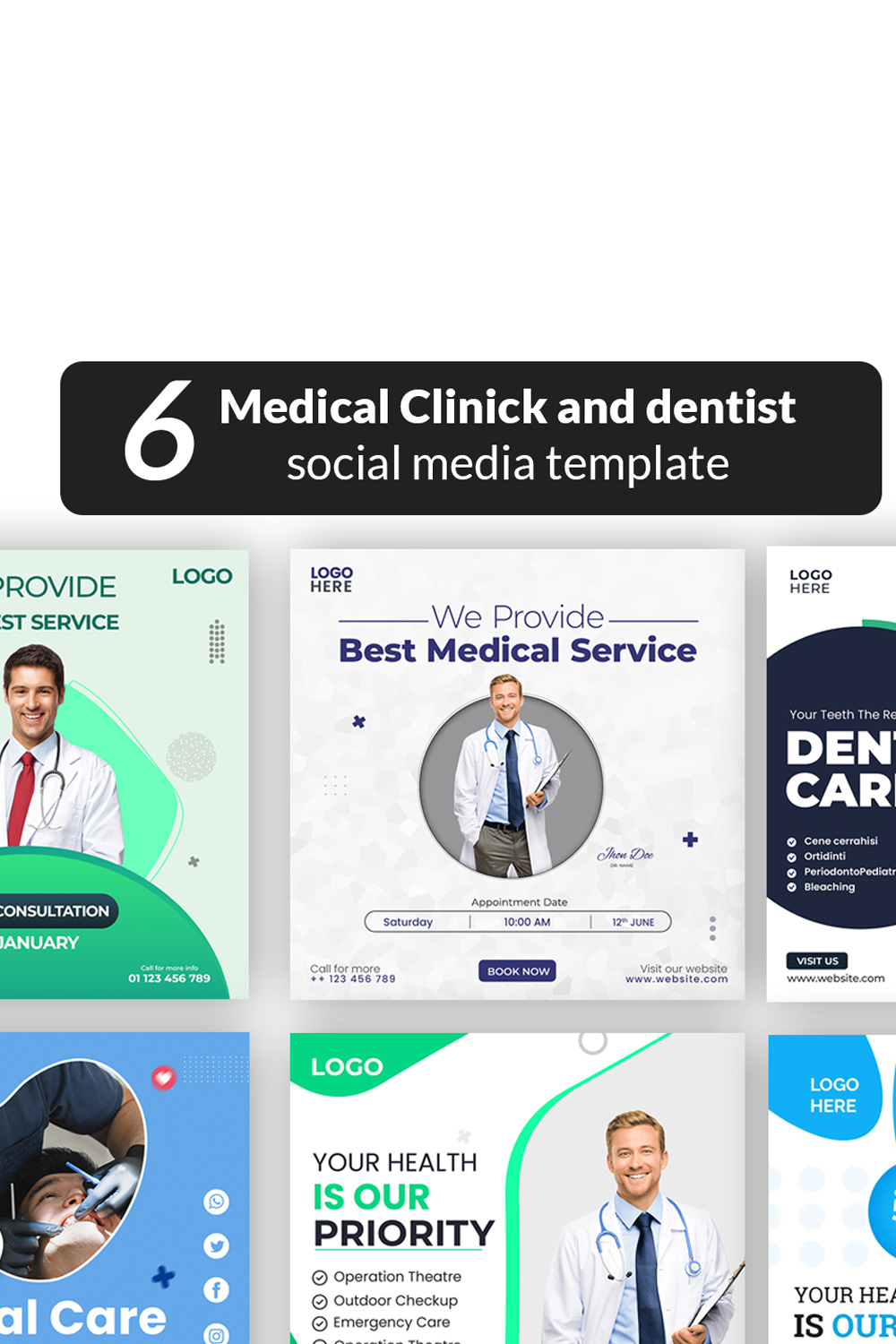 medical health clinic dental social media post template pinterest preview image.