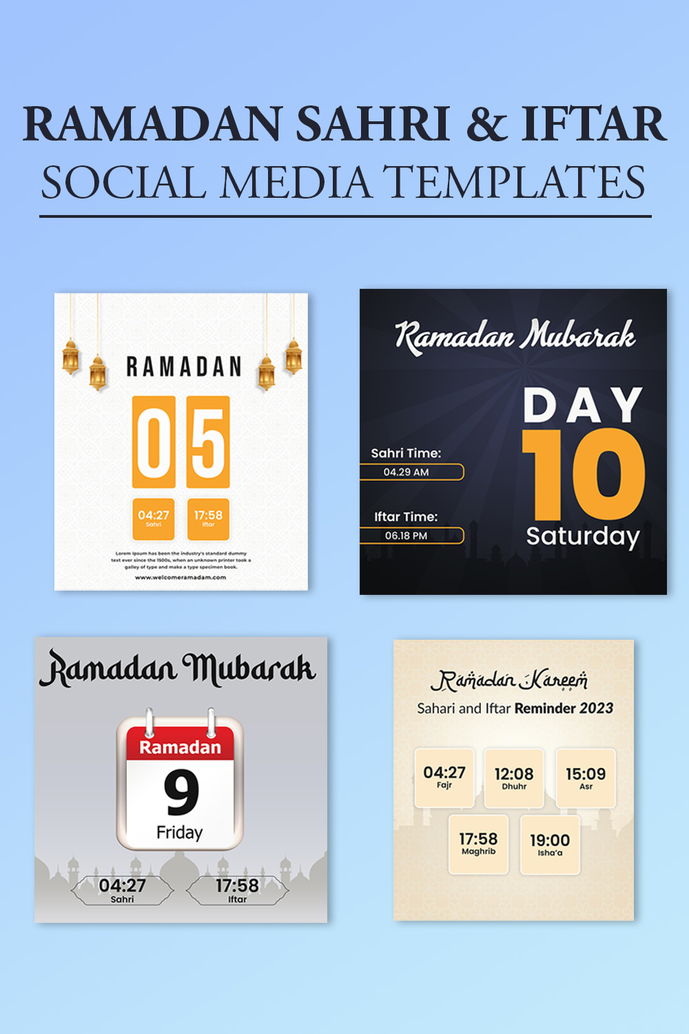Ramadan sahri and iftar schedule post template PSD set for social media post pinterest preview image.