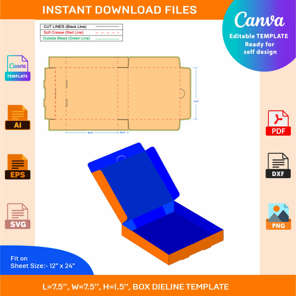 Pizza Box Dieline Template AI, EPS, SVG, DXF, PDF, JPG, files