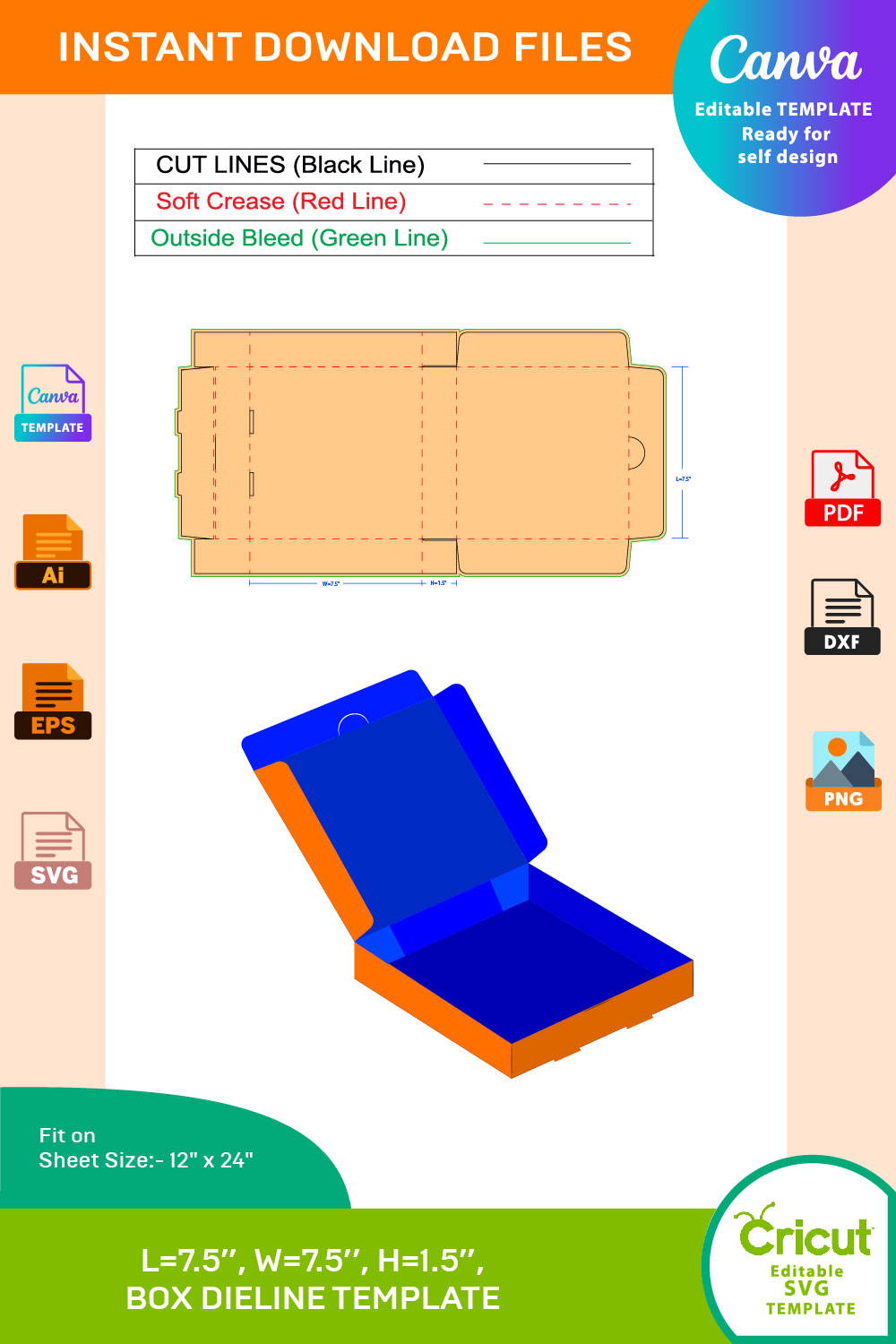 Pizza Box Dieline Template AI, EPS, SVG, DXF, PDF, JPG, files pinterest preview image.