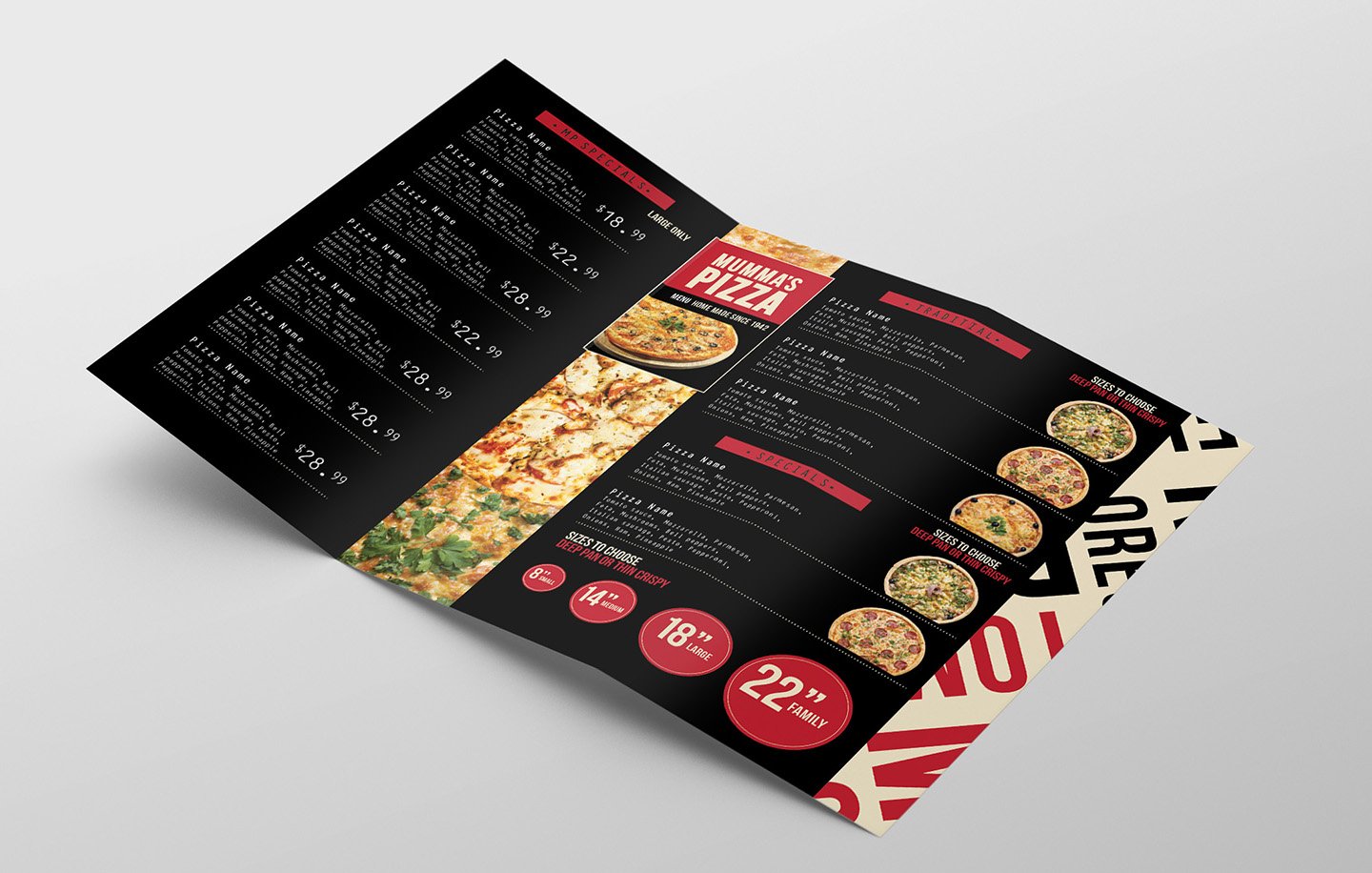 Trifold Pizza Menu Template preview image.