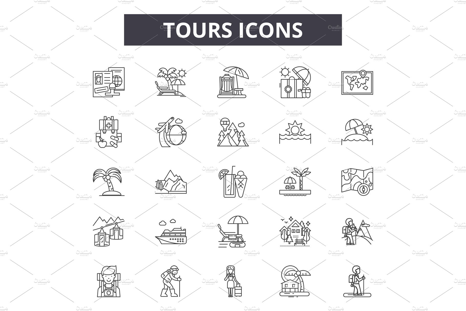 Tours line icons, signs set, vector cover image.