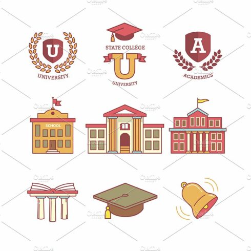 Education emblems and buildings cover image.