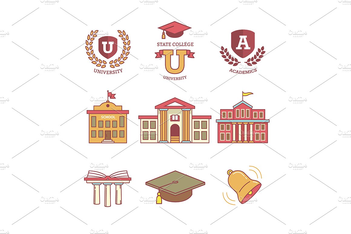 Education emblems and buildings cover image.