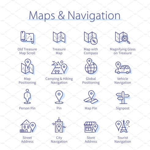 Travel maps, navigation icons pack cover image.