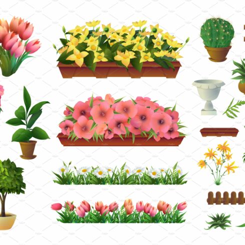 Plants and flowers, vector icons set cover image.
