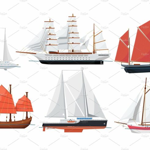Sea sailboats side view on white background cover image.