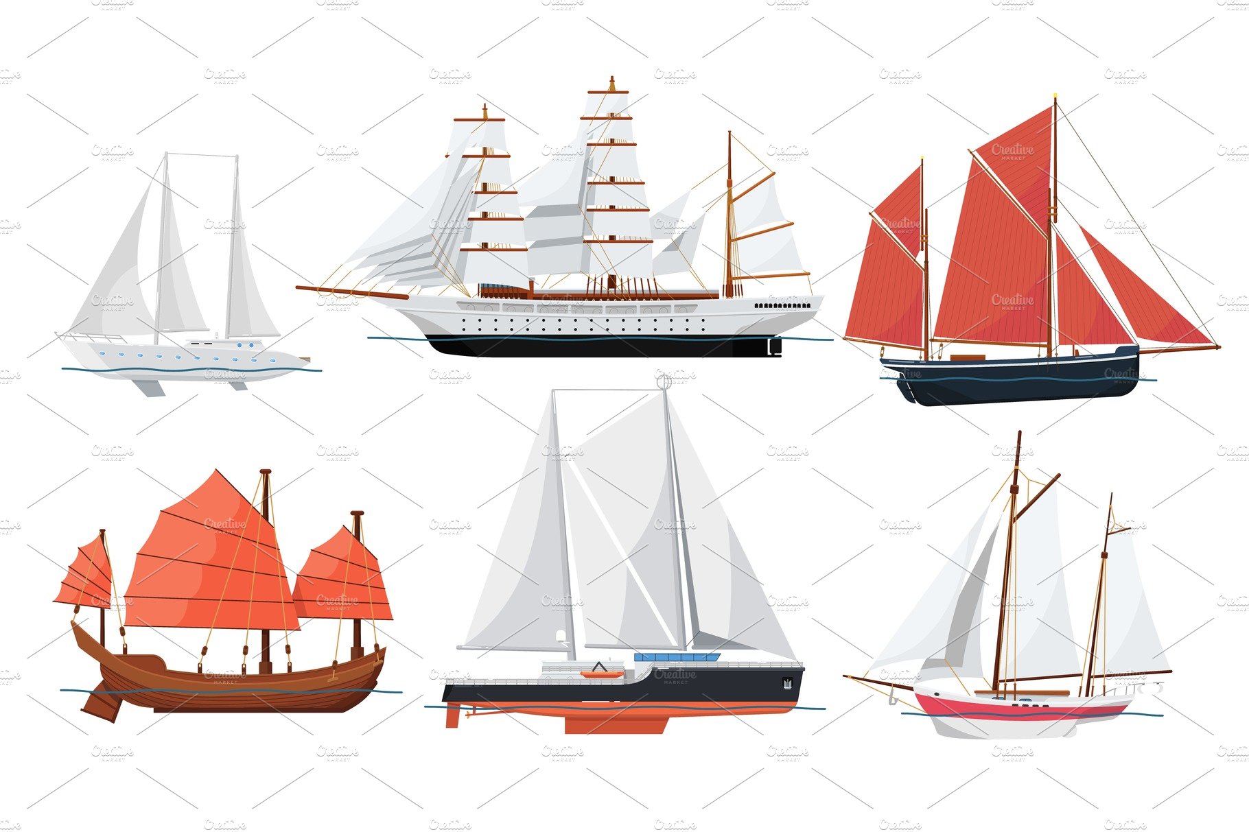 Sea sailboats side view on white background cover image.