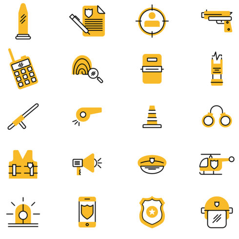 Set of yellow and black icons on a white background.