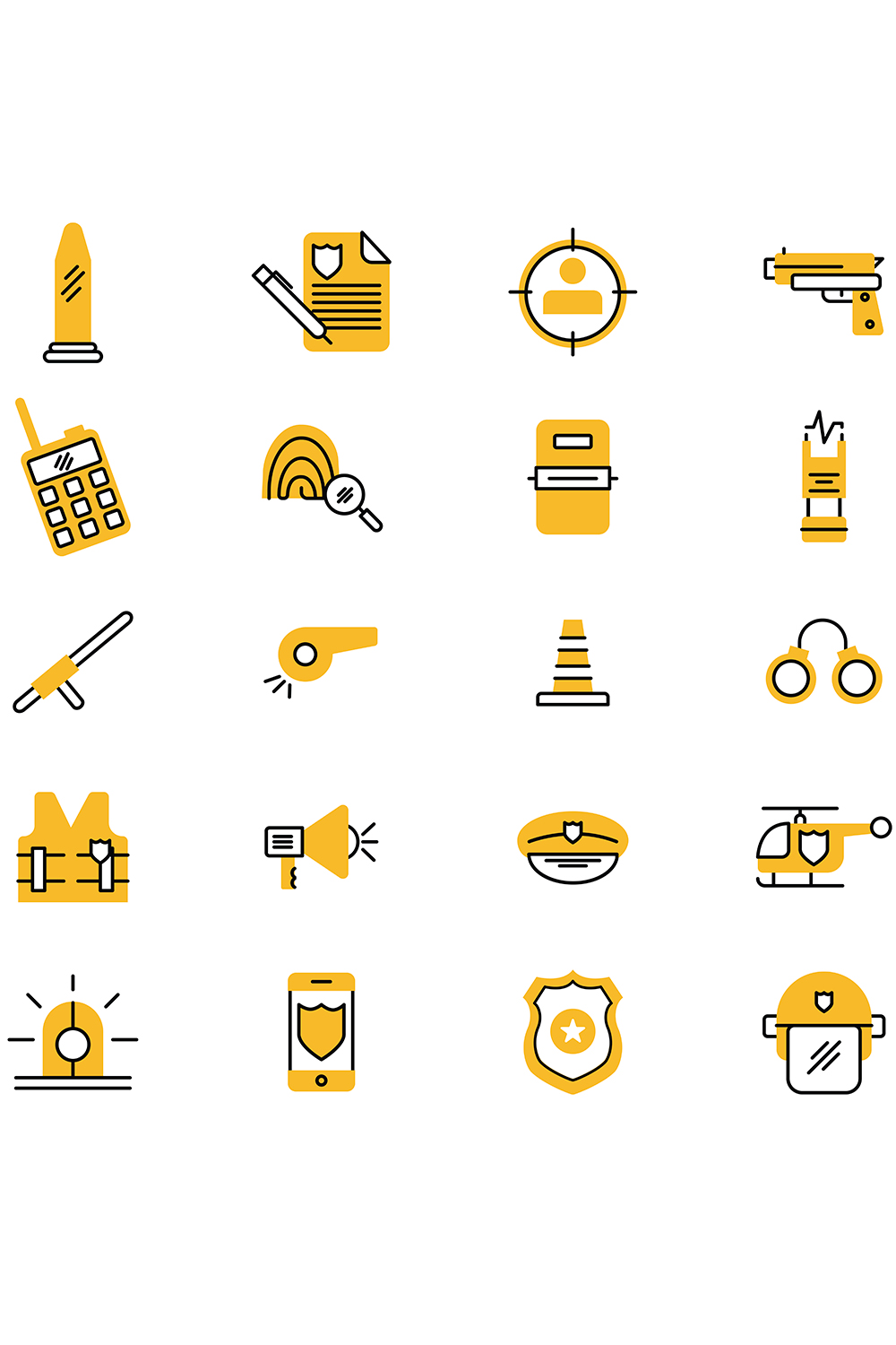 Set of yellow and black icons on a white background.
