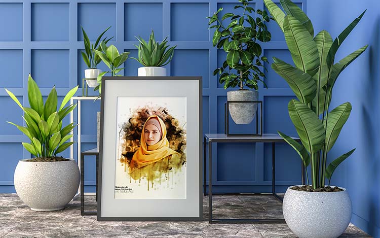 Picture of a woman with a head scarf in a frame surrounded by potted.