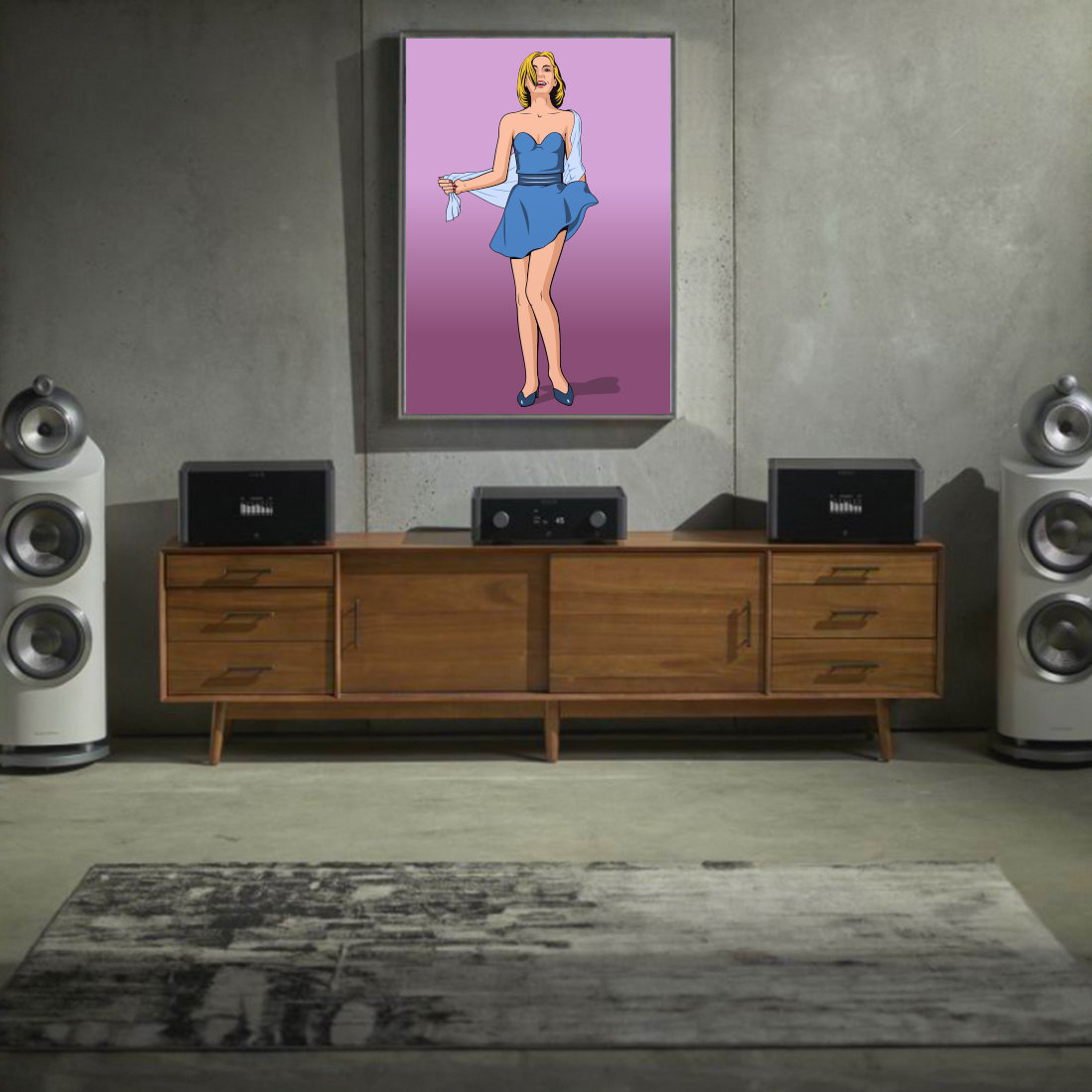 Picture of a woman in a blue dress in a living room.