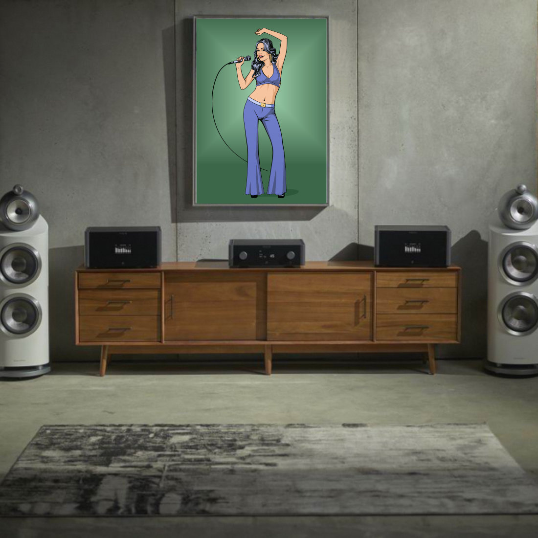 Painting of a woman with a microphone in a living room.