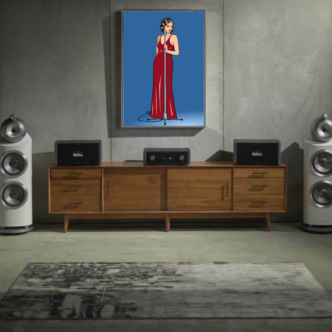 Painting of a woman in a red dress in a living room.
