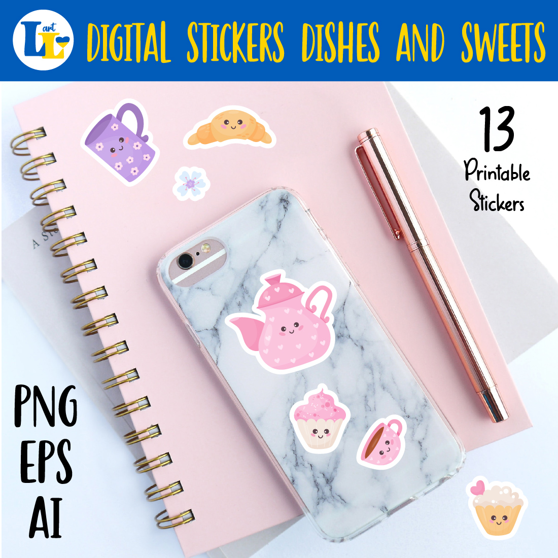 Phone case with stickers on it next to a notebook.