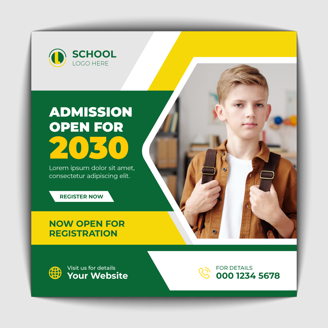 Green and yellow flyer for a school.