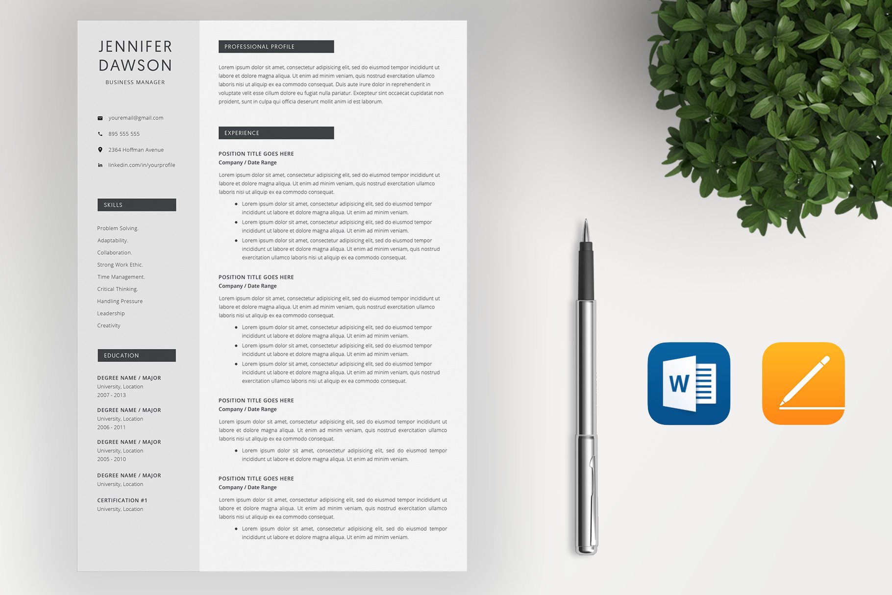 Resume Template Word / 4 pages preview image.