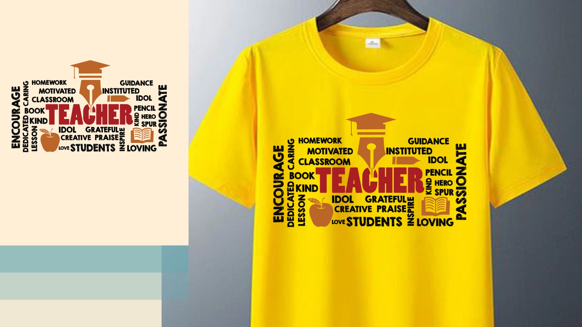 Yellow t - shirt with the words teacher on it.