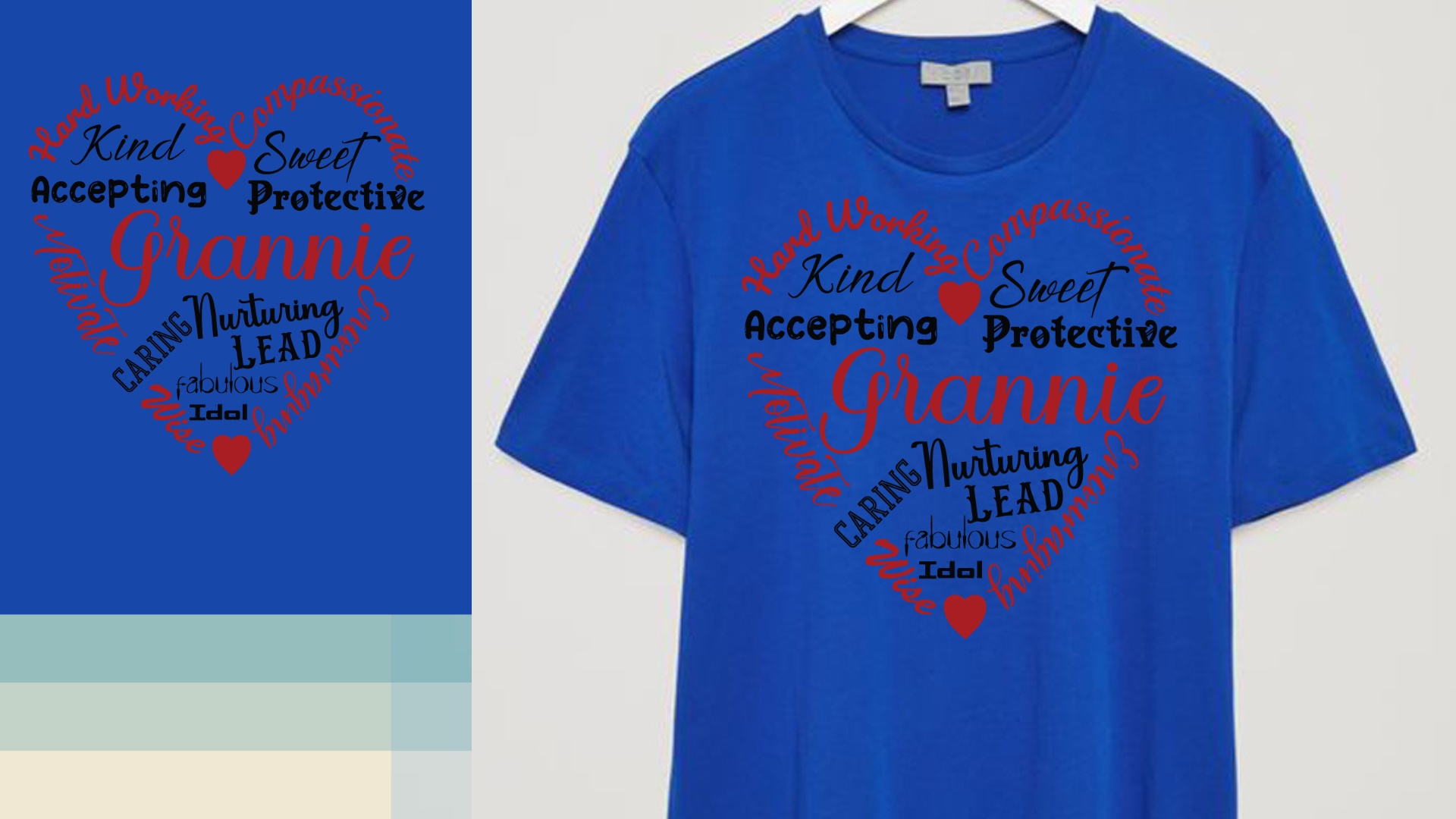 Blue t - shirt with a red heart and words on it.