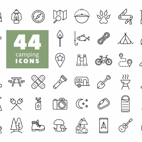 44 Camping, Hiking vector icons cover image.