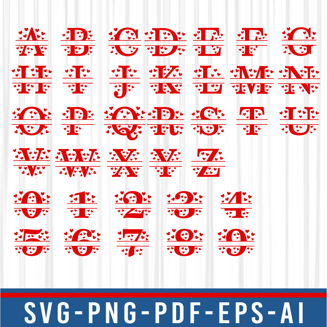 Heart Split Monogram Letters SVG Set A-Z, Split Monogram Font SVG, Split Alphabet SVG preview image.