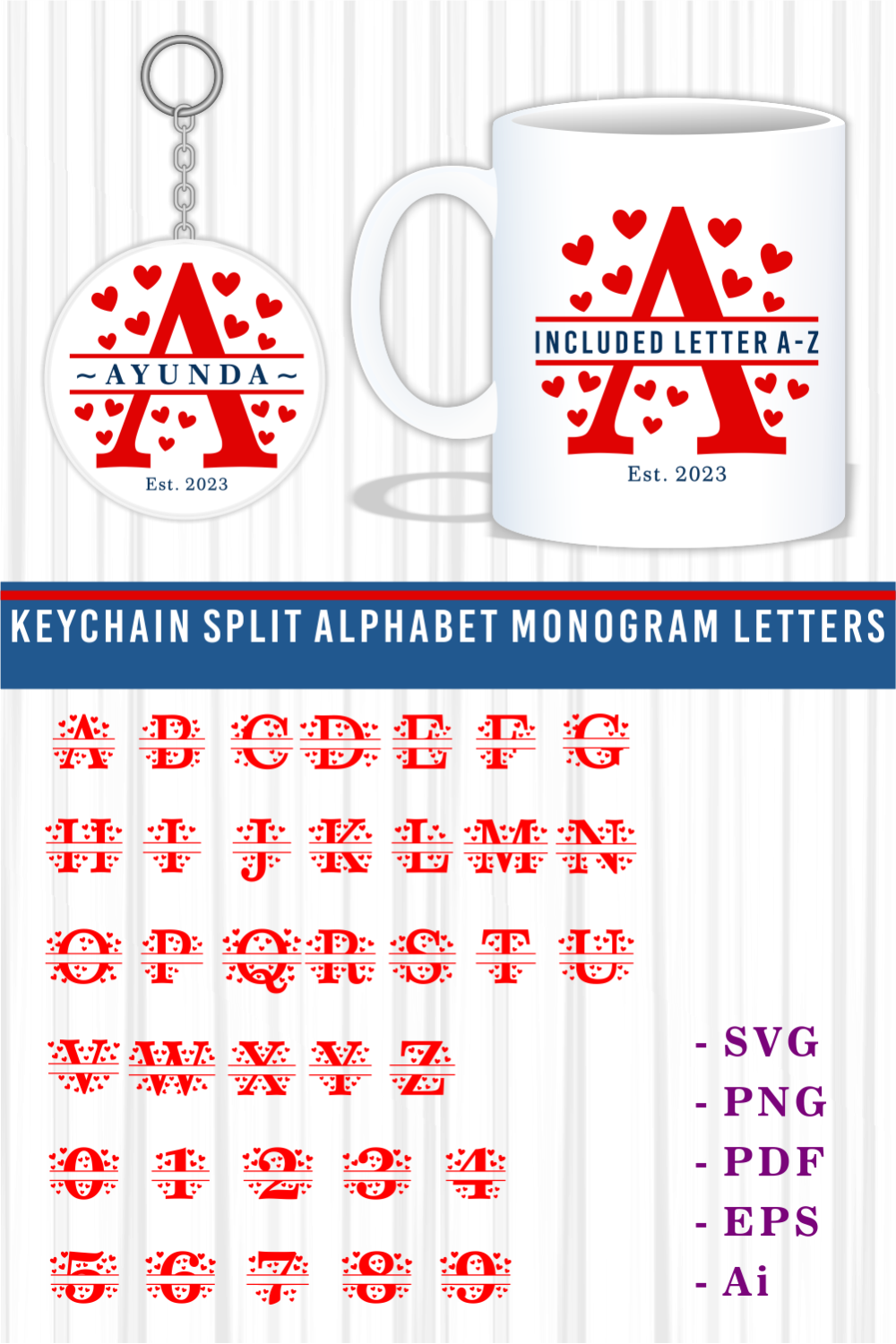 Heart Split Monogram Letters SVG Set A-Z, Split Monogram Font SVG, Split Alphabet SVG pinterest preview image.