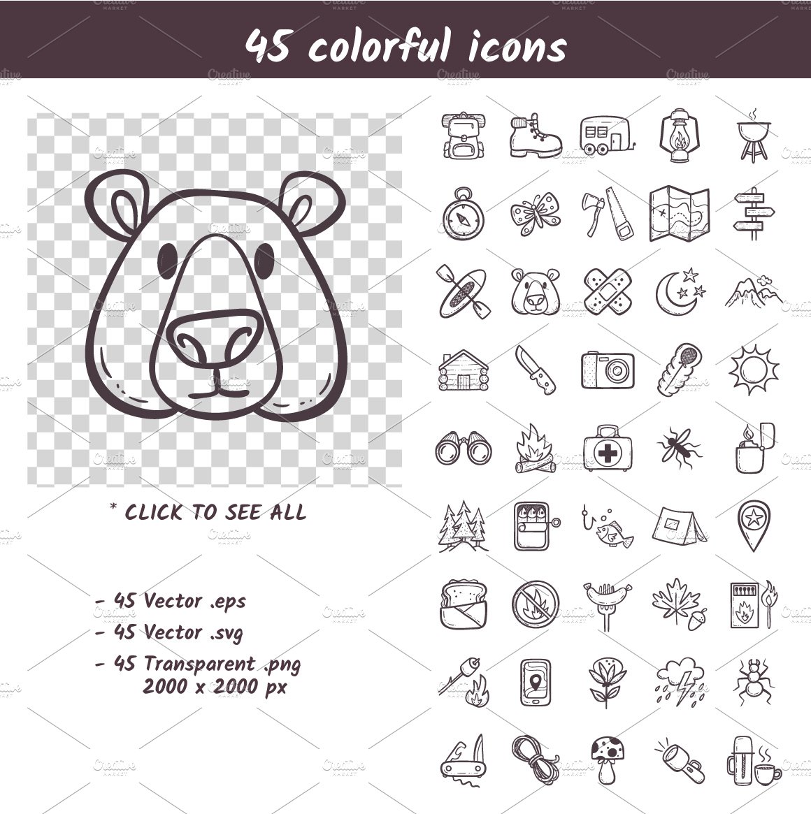 Camping and Hiking icon set preview image.