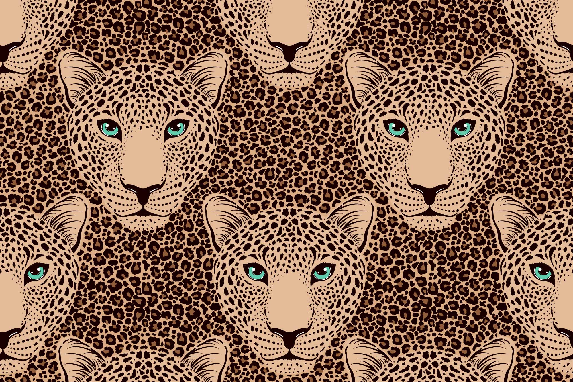 Leopard pattern with blue eyes on a brown background.