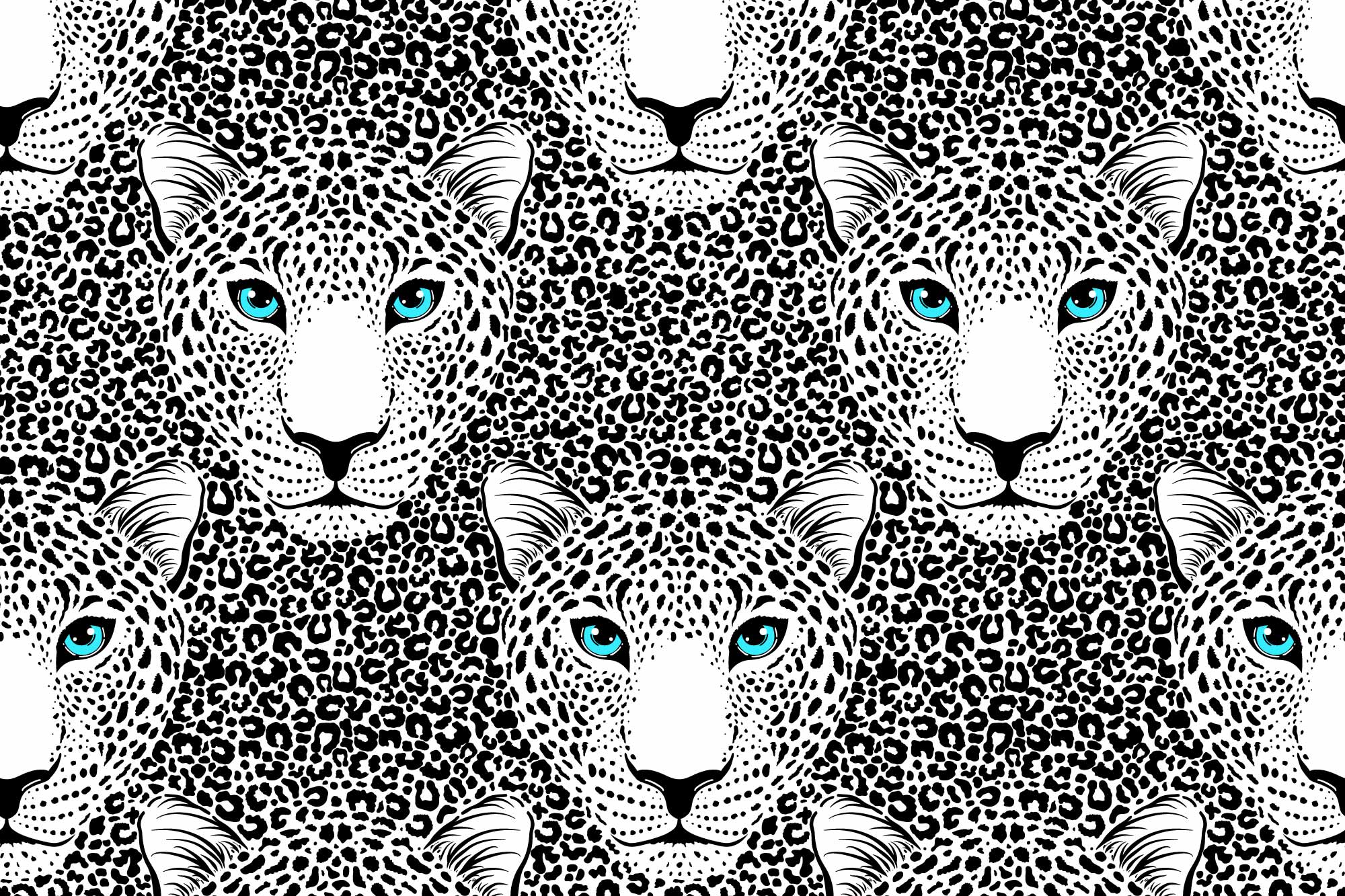 Black and white leopard pattern with blue eyes.