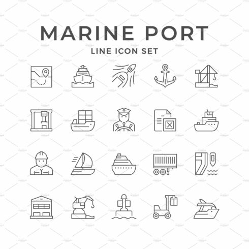 Set line icons of marine port cover image.