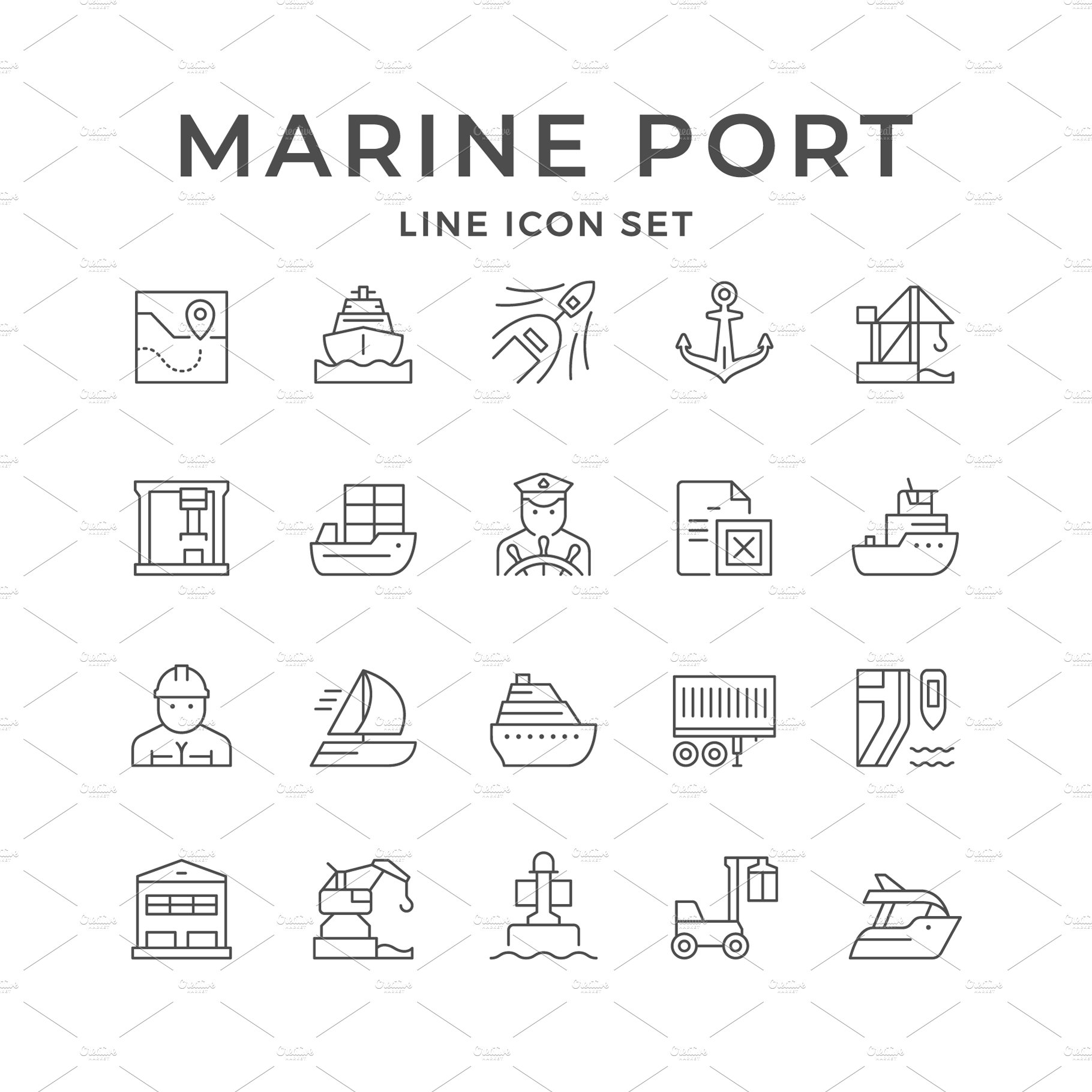 Set line icons of marine port cover image.