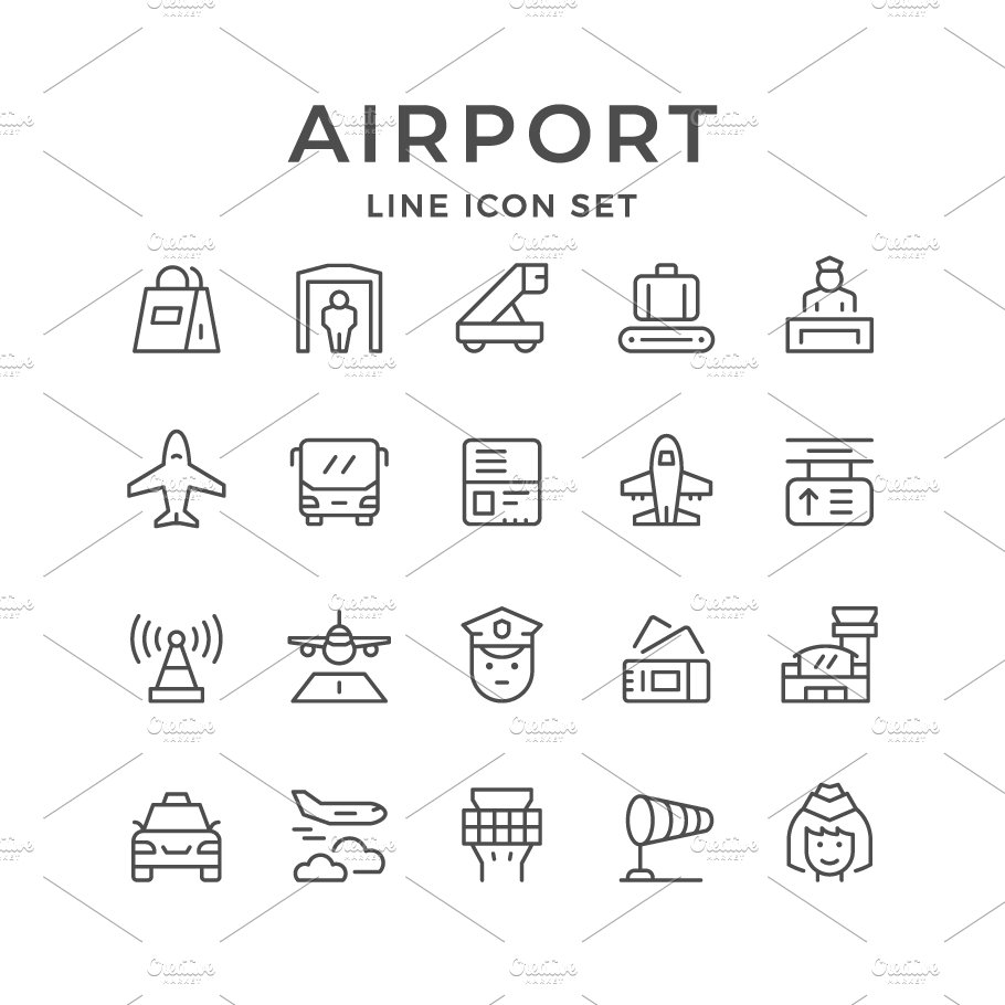 Set line icons of airport cover image.