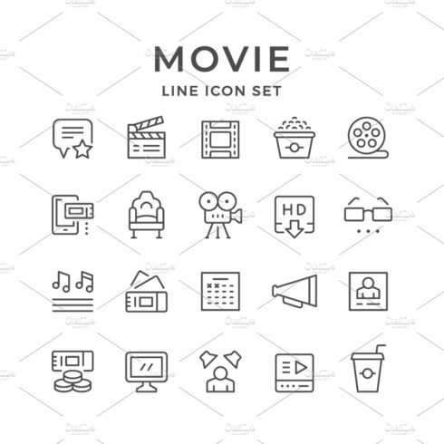 Set line icons of movie cover image.