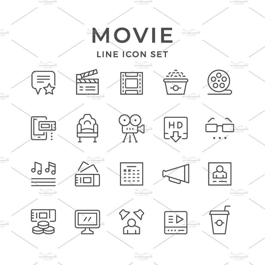 Set line icons of movie cover image.
