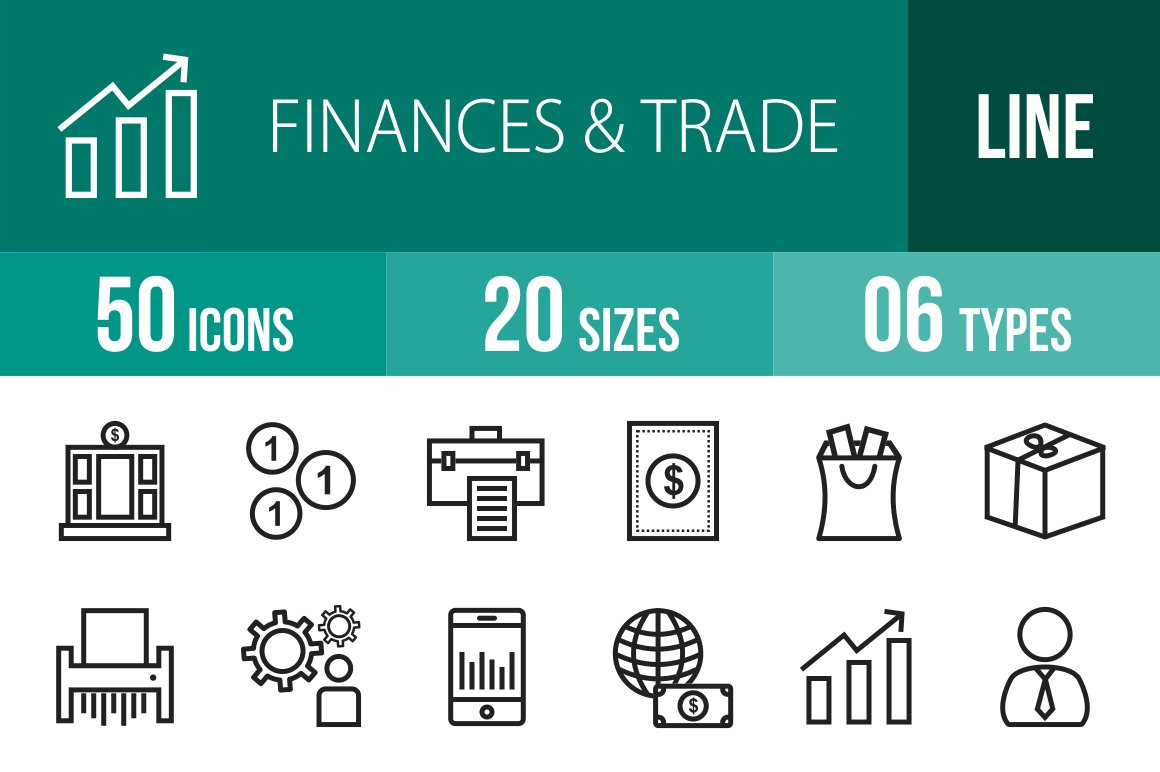50 Finances & Trade Line Icons cover image.