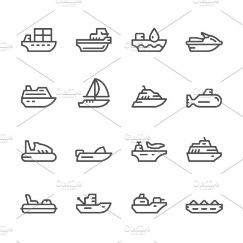 Set line icons of water transport cover image.
