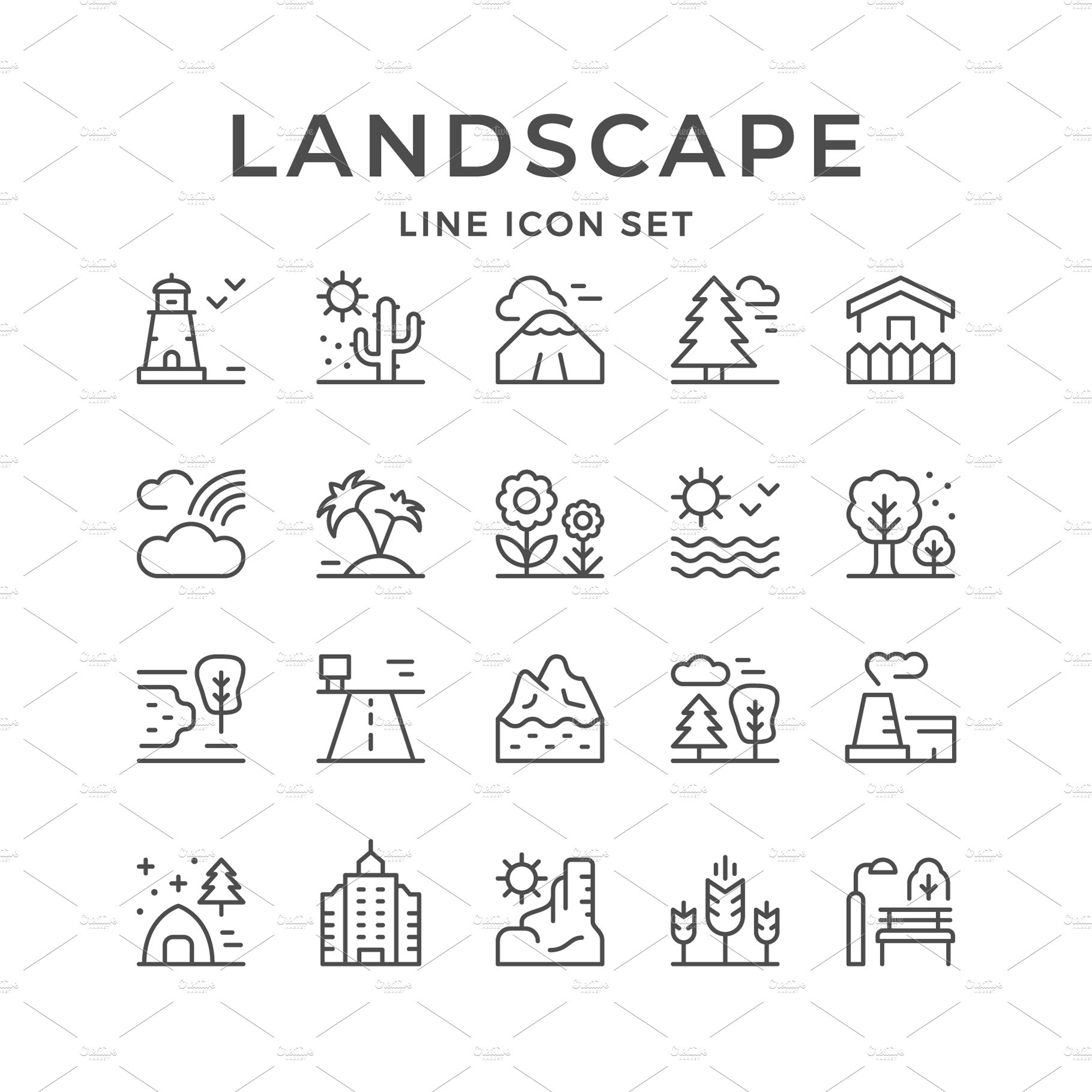 Set line icons of landscape cover image.