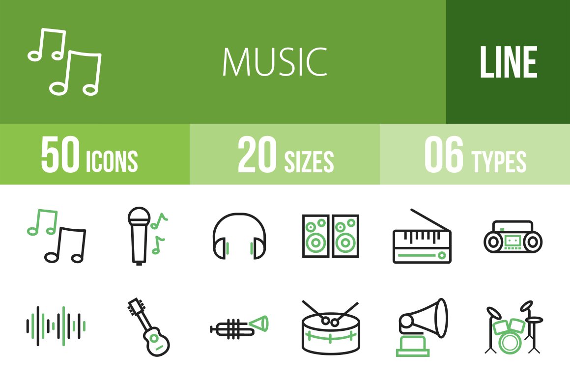 50 Music Line Green & Black Icons cover image.