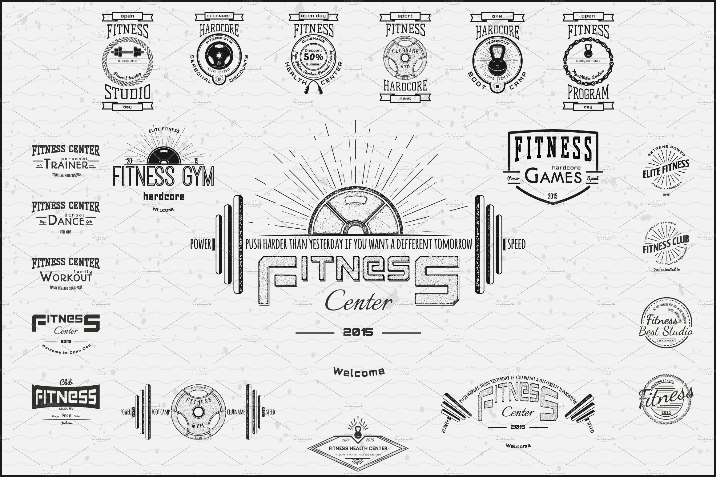 Fitness vector set badges and logos cover image.