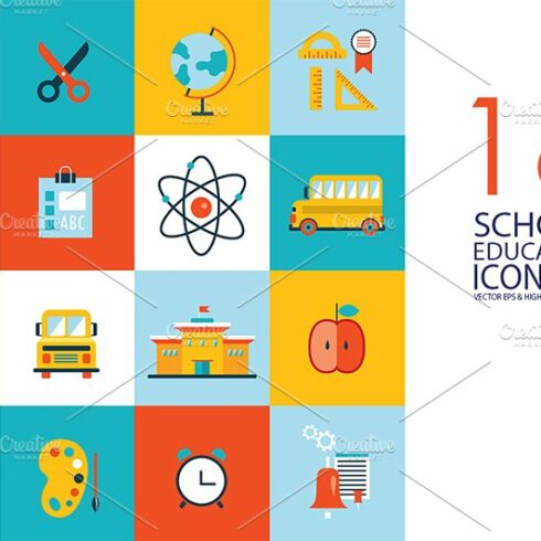 16 school & education flat icons set cover image.